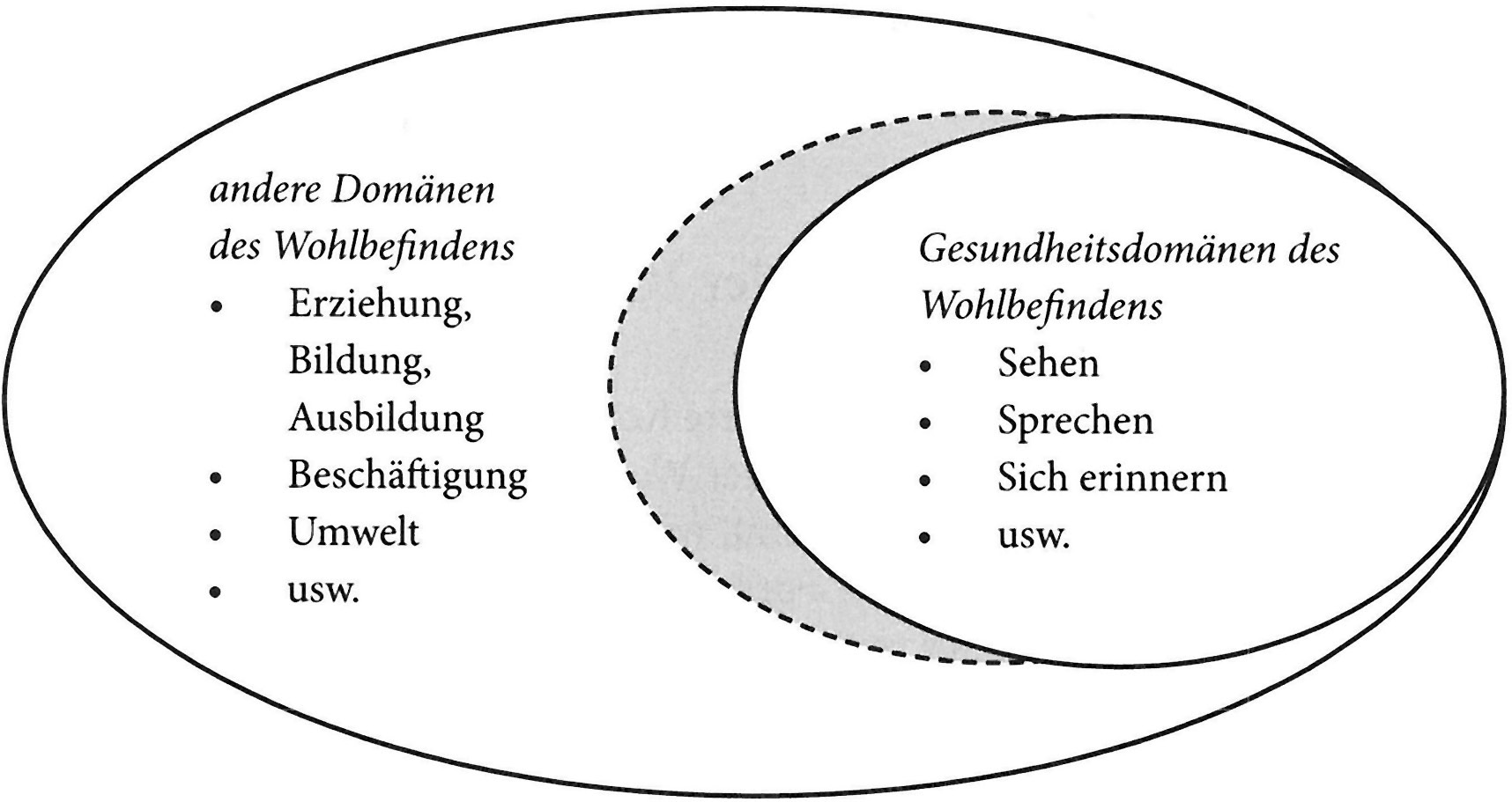 Abbildung 1  zeigt die Teilung des Gesamtbereichs der Domänen des Wohlbefindens in die Gesundheitsdomänen (Sehen, Sprechen, Sicherinnern usw.) einerseits und die übrigen Domänen (Erziehung, Bildung, Ausbildung, Beschäftigung, Umwelt usw.) andererseits.