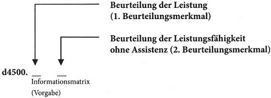 Die Abbildung veranschaulicht, wie das erste und zweite Beurteilungsmerkmal zur Beschreibung der Komponente Aktivitäten und Partizipation (Teilhabe) angeordnet werden. Nach dem Teilhabekode folgt ein Punkt. Die erste Ziffer nach dem Punkt beschreibt die Beurteilung der Leistung (1. Beurteilungsmerkmal). Die zweite Ziffer nach dem Punkt beschreibt die Beurteilung der Leistungsfähigkeit ohne Assistenz (2. Beurteilungsmerkmal).