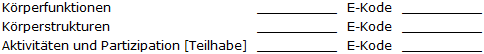 Die Abbildung veranschaulicht, dass die Umweltfaktoren bzw. E-Kodes auch jeder einzelnen Komponente Körperfunktionen, Körperstrukturen  oder Aktivitäten und Partizipation (Teilhabe) zugeordnet werden können. Diese können pro Komponente auch unterschiedlich sein.