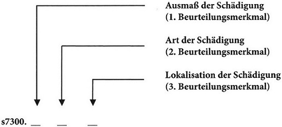 Die Abbildung veranschaulicht, wie das erste, zweite und dritte Beurteilungsmerkmal zur Beschreibung der Schädigung einem Körperstrukturkode zugeordnet wird. Nach dem Kode folgt ein Punkt. Die erste Ziffer nach dem Punkt beschreibt das Ausmaß der Schädigung (1. Beurteilungsmerkmal). Die zweite Ziffer nach dem Punkt beschreibt die Art der Schädigung (2. Beurteilungsmerkmal). Die dritte Ziffer nach dem Punkt beschreibt die Lokalisation der Schädigung (3. Beurteilungsmerkmal).